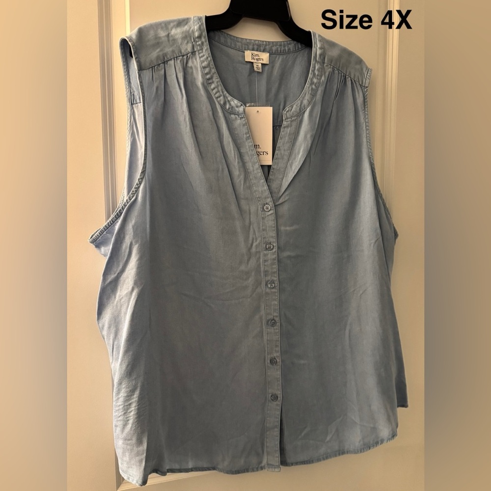 #2460 - Kim Rogers Light Wash Blue Denim Jean Sleeveless Button Down Blouse Top - Picture 4 of 12